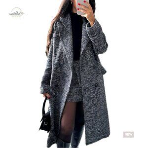 Women's Wool Herringbone Trench Coat Double Breasted Long Pea Coat